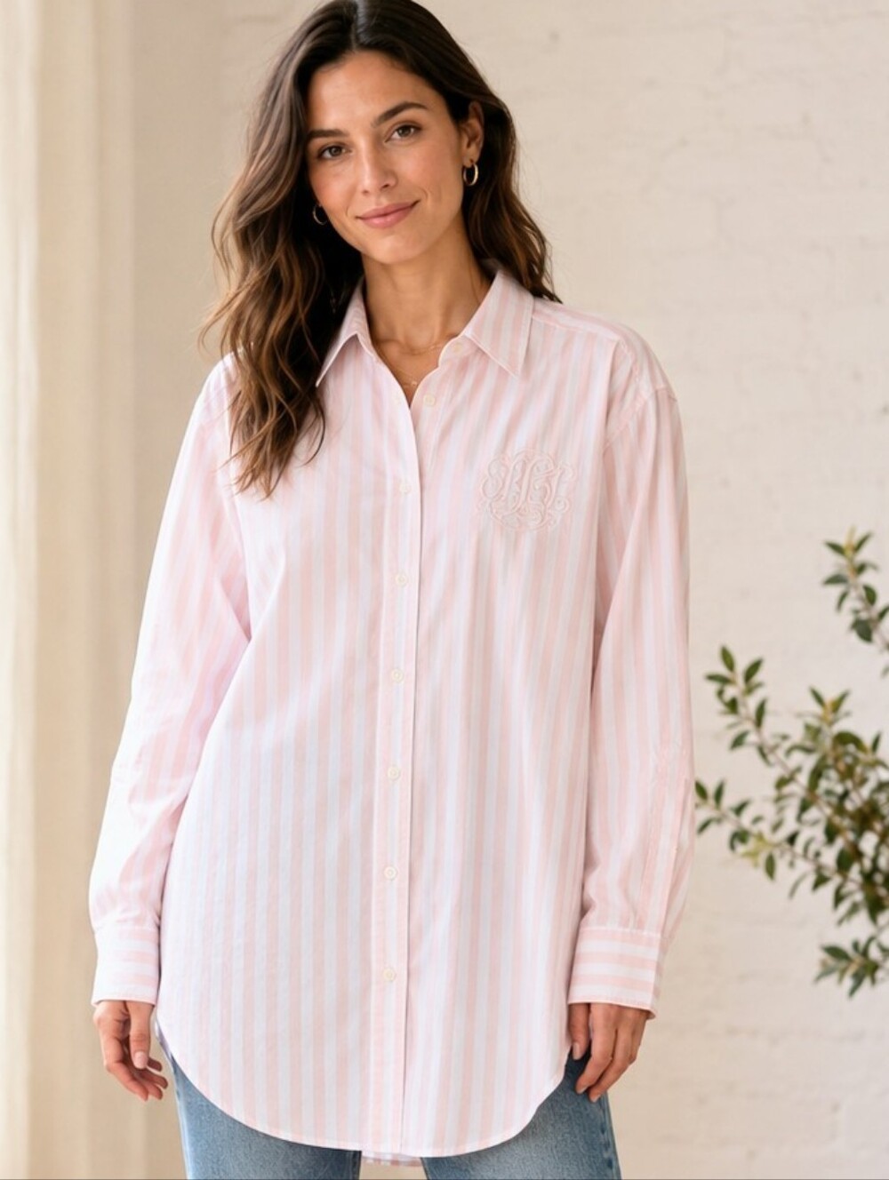 Lauren Ralph Lauren Pink White Striped Monogram Cotton Button Down Shirt Classic